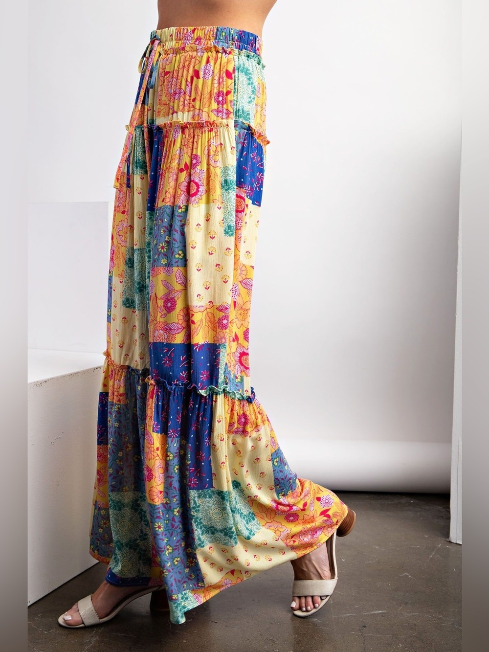 Easel Boho Patchwork Floral Tiered Wide Leg Palazzo Pants Lemon Blue Small - Picture 3 of 5